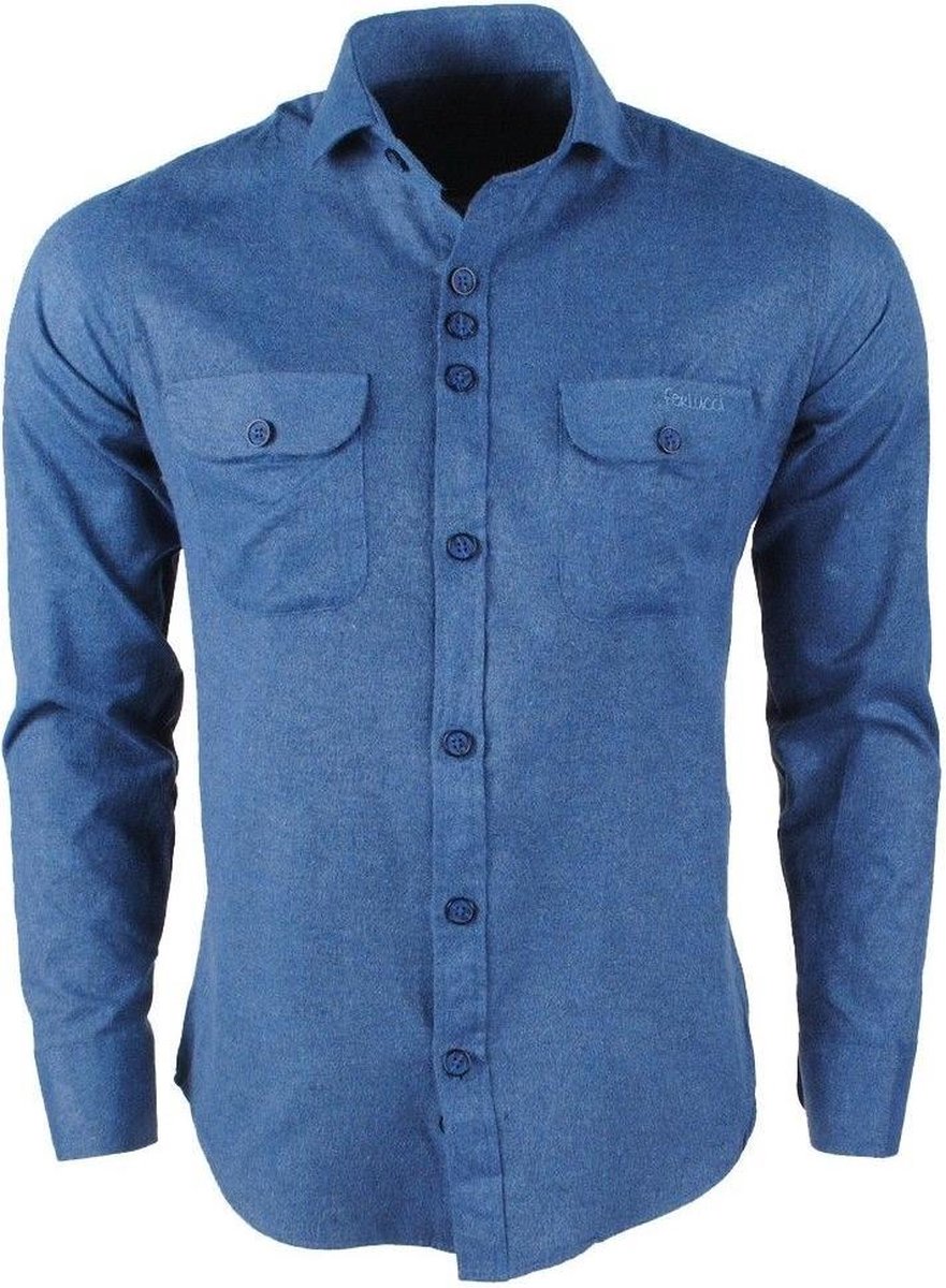 Ferlucci - Heren overhemd - Lecce - Flausch Flanel - Stretch - Blauw