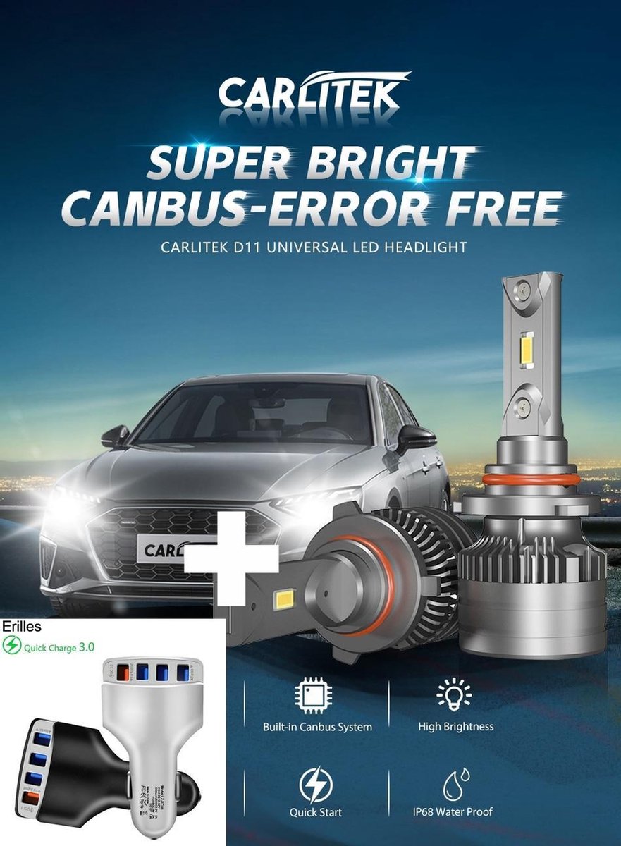 H7 LED lamp (set 2 stuks) + 4 poort autolader Quickcharge | CANbus EMC CHip 22000 Lumen 6500k Ultra-bright Wit 120 Watt Motor / Auto / Scooter / Motor / Vrachtwagen /Dimlicht / Grootlicht / Koplampen / Autolamp / Autolampen / CANbus adapter / 12V
