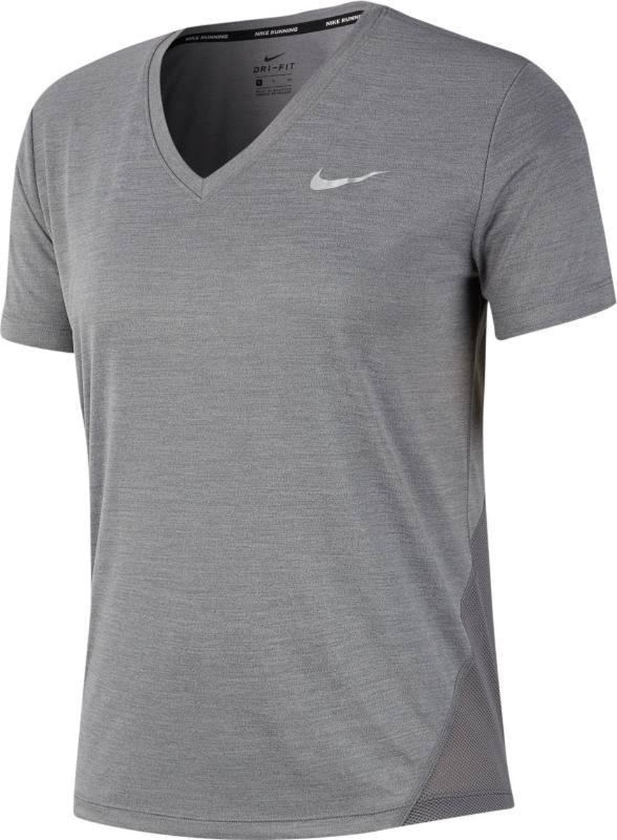Nike Miler Top Vneck Dames Sportshirt - Gunsmoke/Htr/(Reflective Silv) - Maat S