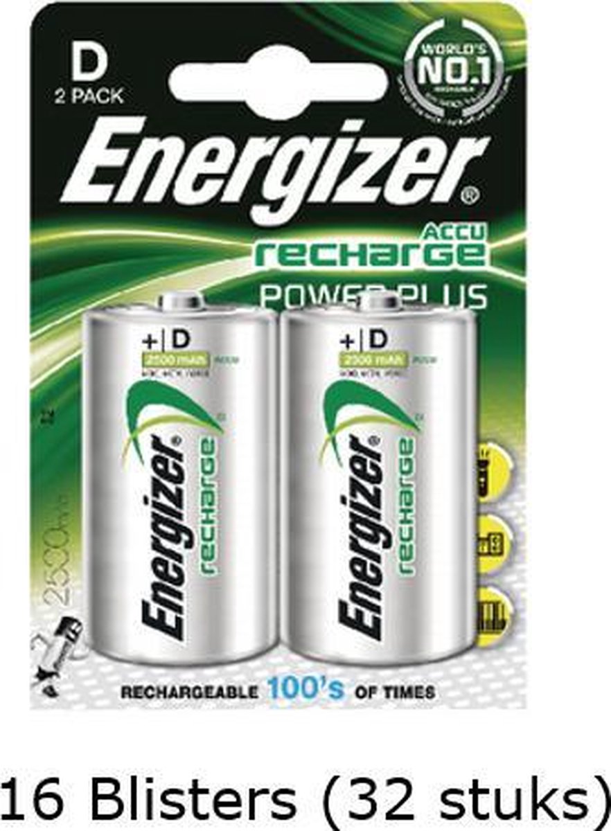 32 stuks (16 blisters a 2 stuks)  Energizer D Power Plus Batterij oplaadbaar 1.2V 2500mAh rechargeable