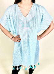 Seafolly Beach Basics Linen Stripe Kaftan Antigue Blu - Blauw Wit Gestreept Kaftan Dames - One Size