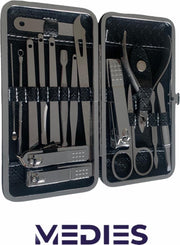 Medies - professionele luxe manicureset 16 delig met lederen luxe etui | pedicure set | manicure etui | manicure sets | pedicure sets | nagelverzorging | nagelknippers | comedonlepels | nagelvijl | nagelriemknipper | teennageltang |nagelschaar | RVS
