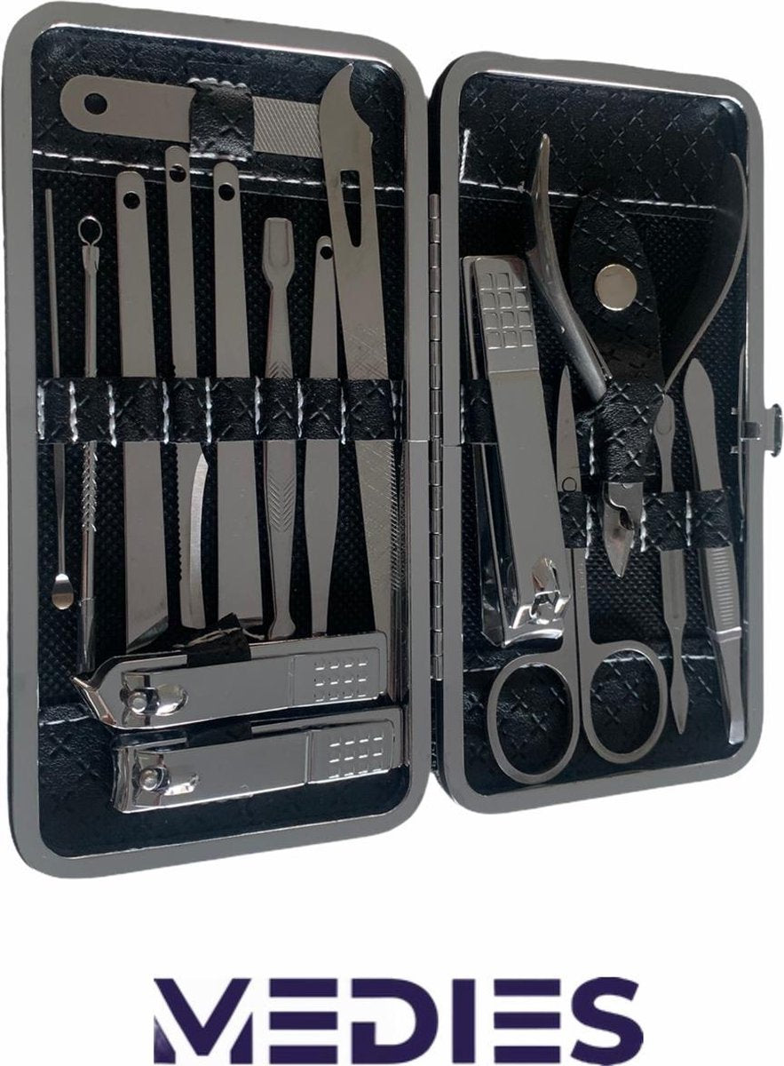 Medies - professionele luxe manicureset 16 delig met lederen luxe etui | pedicure set | manicure etui | manicure sets | pedicure sets | nagelverzorging | nagelknippers | comedonlepels | nagelvijl | nagelriemknipper | teennageltang |nagelschaar | RVS