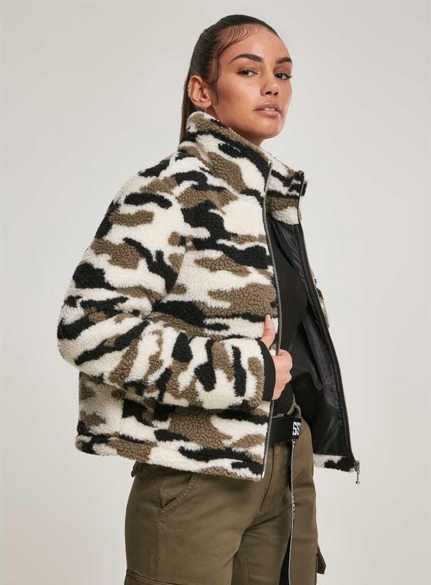 Urban Classics Jacket -M- Camo Sherpa Zwart/Groen