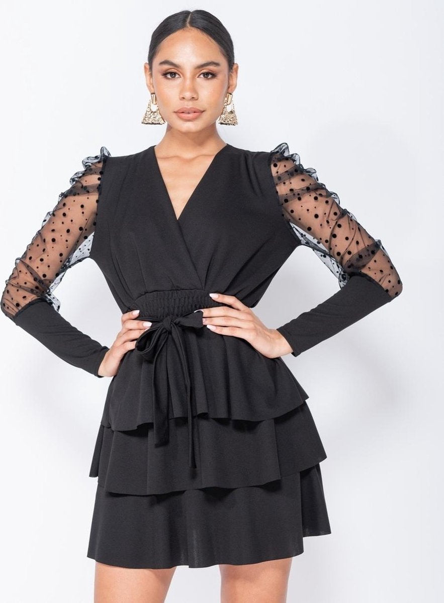 PARISIAN Polka Dot Mesh Sleeve Wrap - Tiered Detail Mini Dress - Dames - Zwart