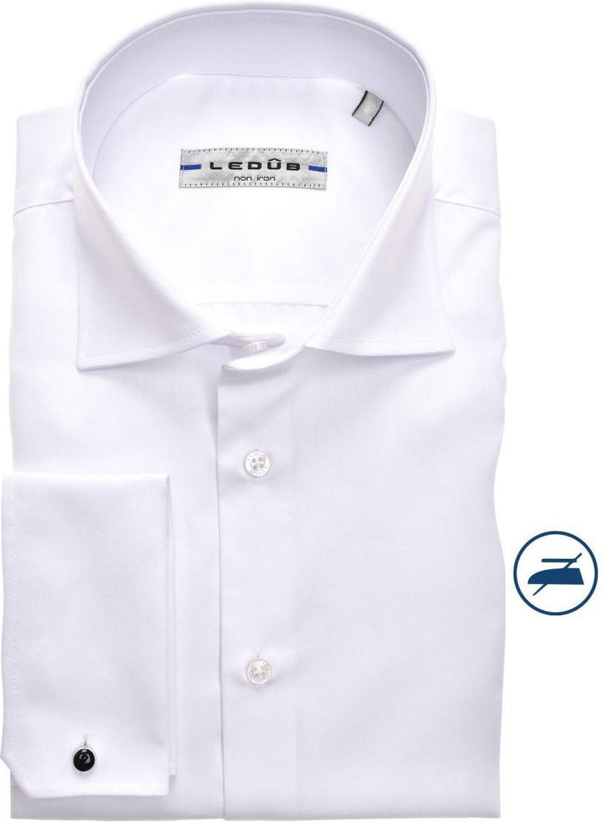 Ledub Modern Fit overhemd - dubbele manchet - wit twill - Strijkvrij - Boordmaat: 47