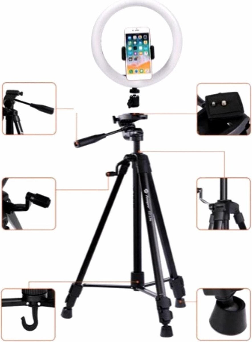 Selfie LED Ring Lamp Met Professioneel Universeel Statief + Bluetooth en microfoon – LED Ring Light Compleet Set met Doos HiCHiCO