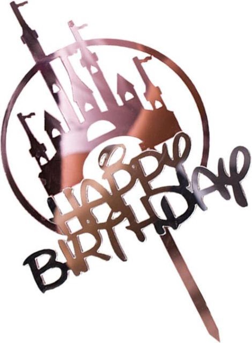 Happy Birthday Taart Topper - Lazy font Roze en Zilver - Kasteel - Taart topper - Cake topper - taart topper zwart-happy birthday topper zwart -birthday caketopper zwart Happy birthday - Verjaardagstaart topper - Verjaardag