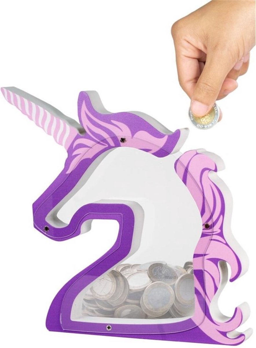 Eenhoorn spaarpot transparant kunststof 19 x 23 cm paars/roze - Unicorn spaarpotten