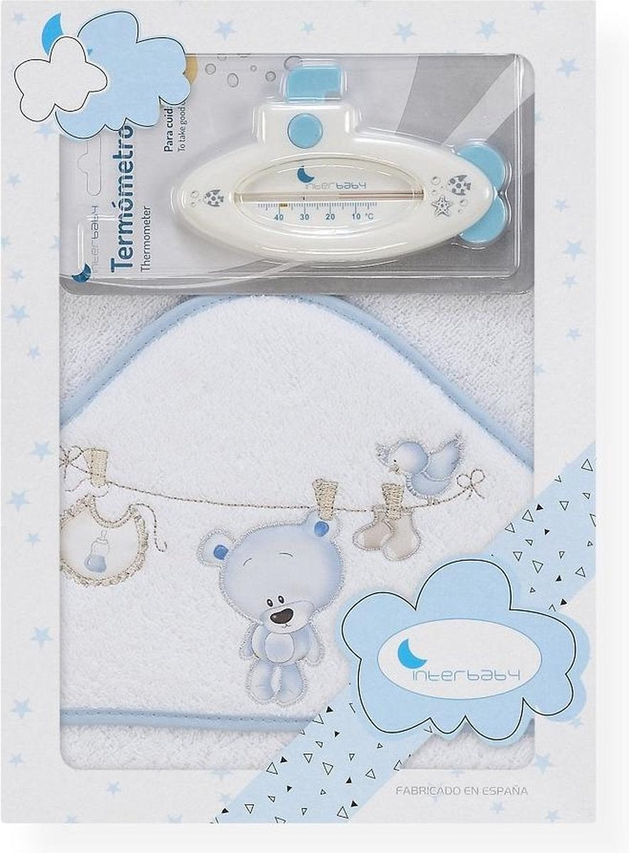 Interbaby Badcape En Thermometer 100 Cm Katoen Wit/blauw 2-delig