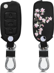 kwmobile autosleutelhoes voor VW Skoda Seat 3-knops autosleutel - Hoesje van imitatieleer in poederroze / wit / zwart - Magnolia design