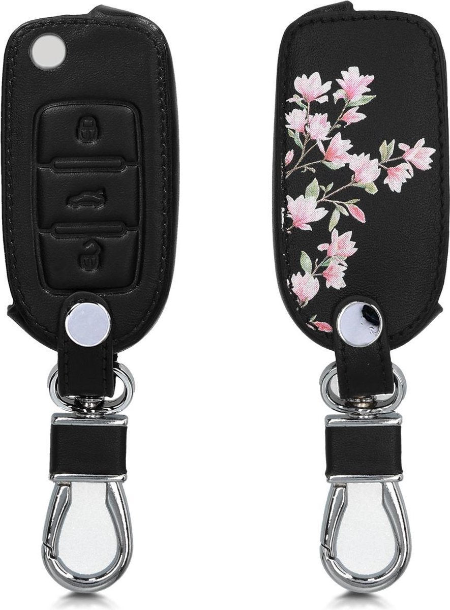 kwmobile autosleutelhoes voor VW Skoda Seat 3-knops autosleutel - Hoesje van imitatieleer in poederroze / wit / zwart - Magnolia design