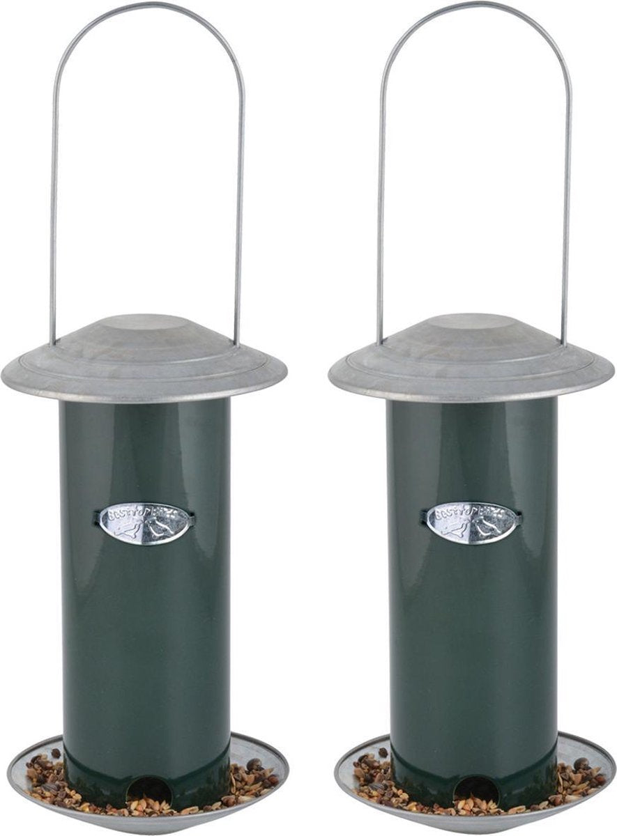2x stuks vogel voedersilos groen aan hanger 23 cm - Voederbakken van metaal