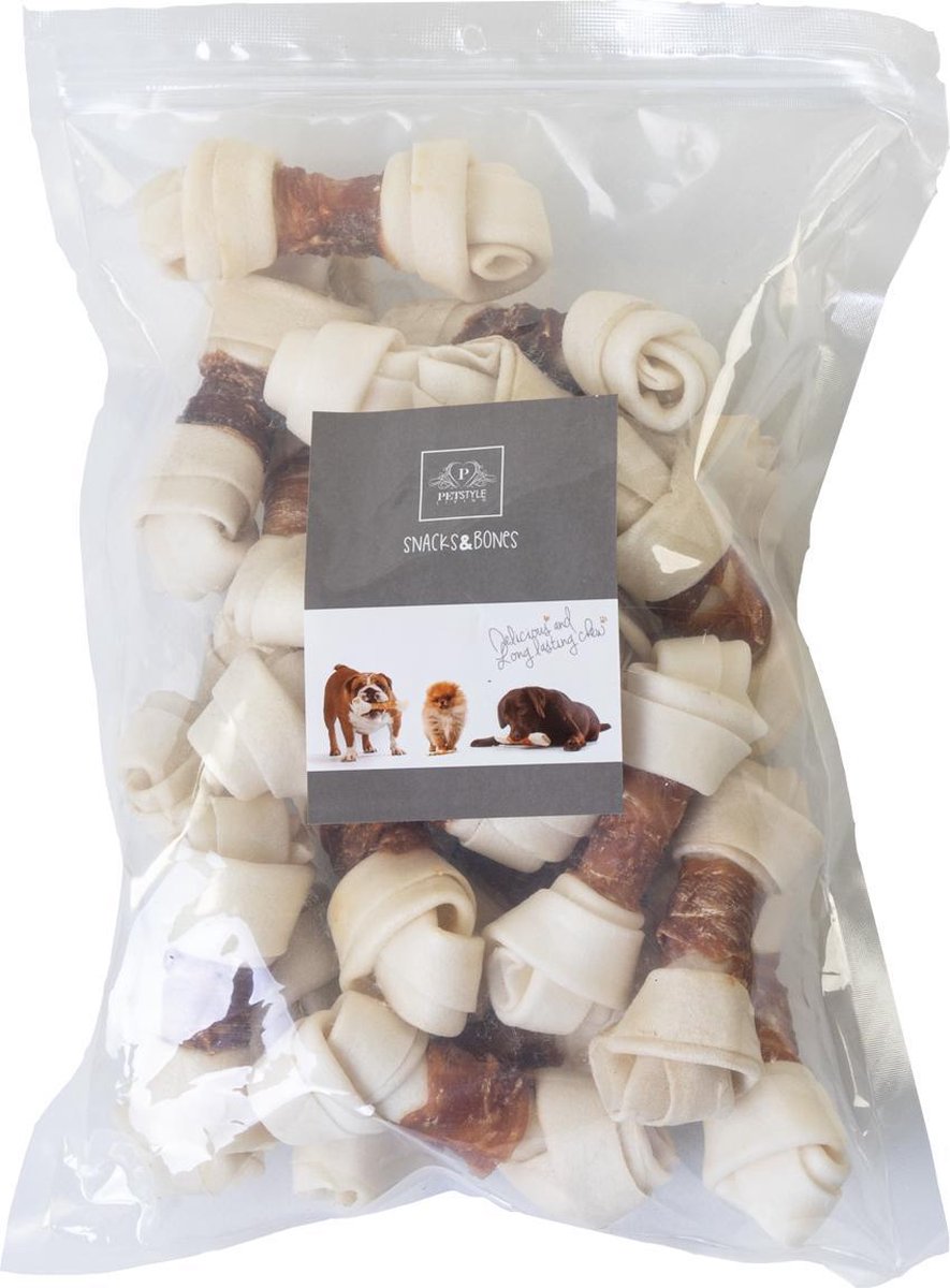 Petstyleliving - Wit geknoopt bot met eend 10-11cm - 20 stuks - Hondensnack