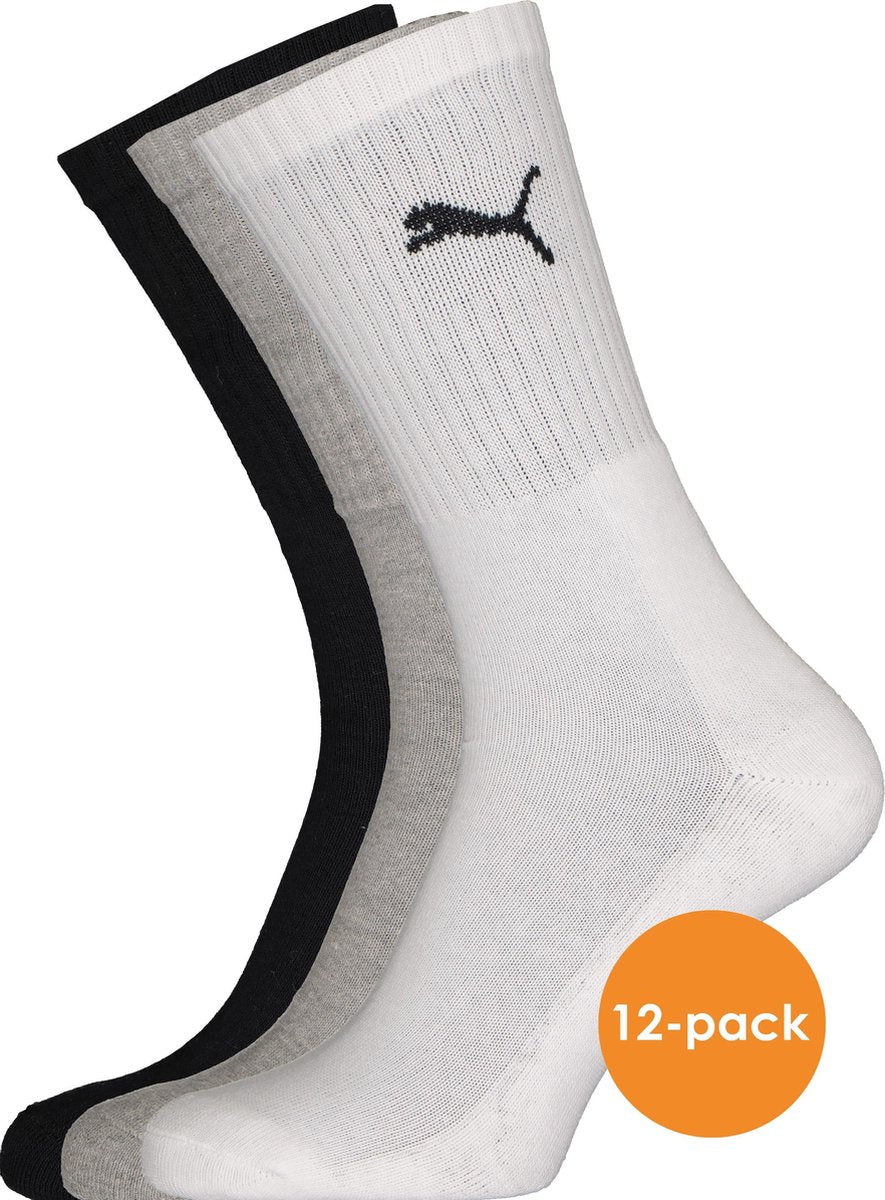 Puma unisex sportsokken (12-pack) - wit - grijs en zwart -  Maat: 43-46