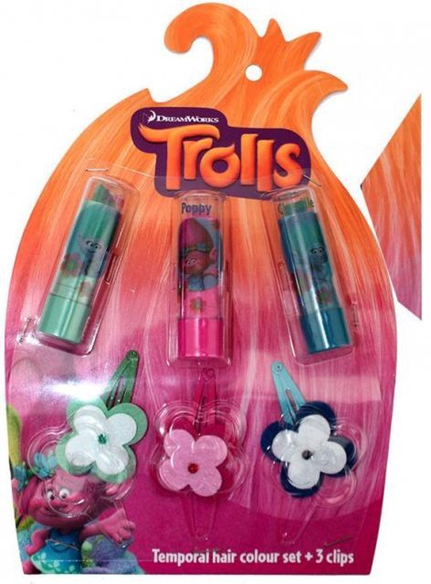 Trolls Haarkrijt met 3 Haarclips - Groen - Roos - Blauw - Haaraccessoires - Meisjes - Verkleding