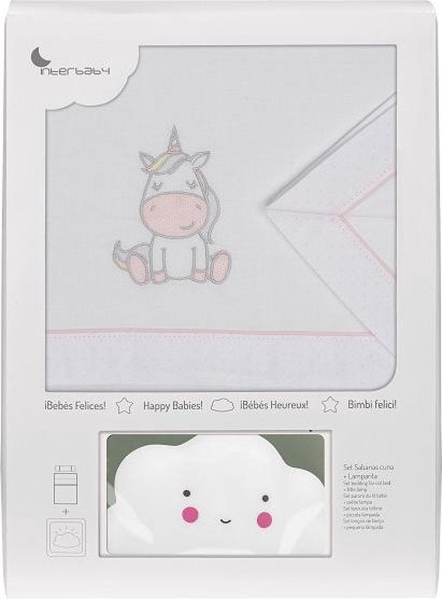 Interbaby Wieglakenset Eenhoorn Katoen Wit/roze 4-delig