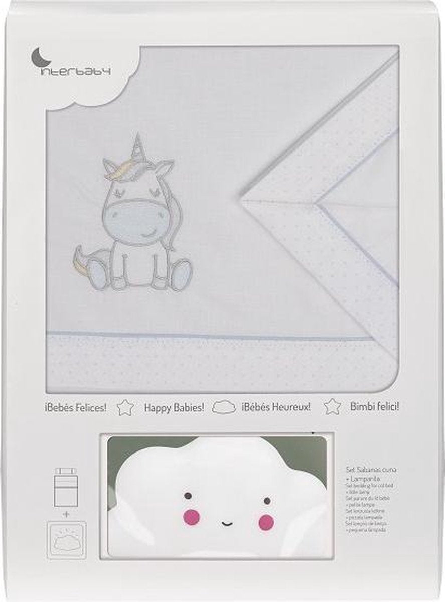 Interbaby Wieglakenset Eenhoorn Katoen Wit/blauw 4-delig