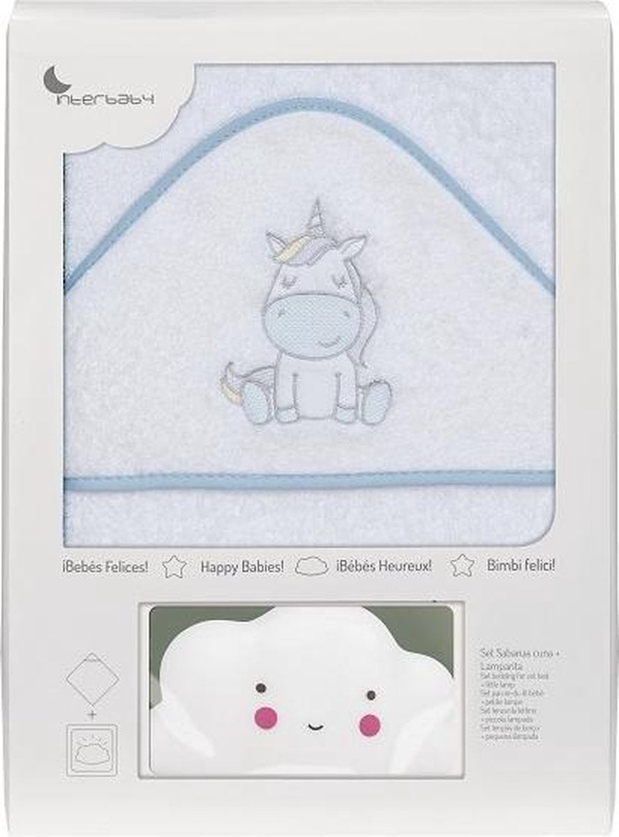 Interbaby Badcape En Nachtlamp 100 Cm Katoen Wit/blauw 2-delig