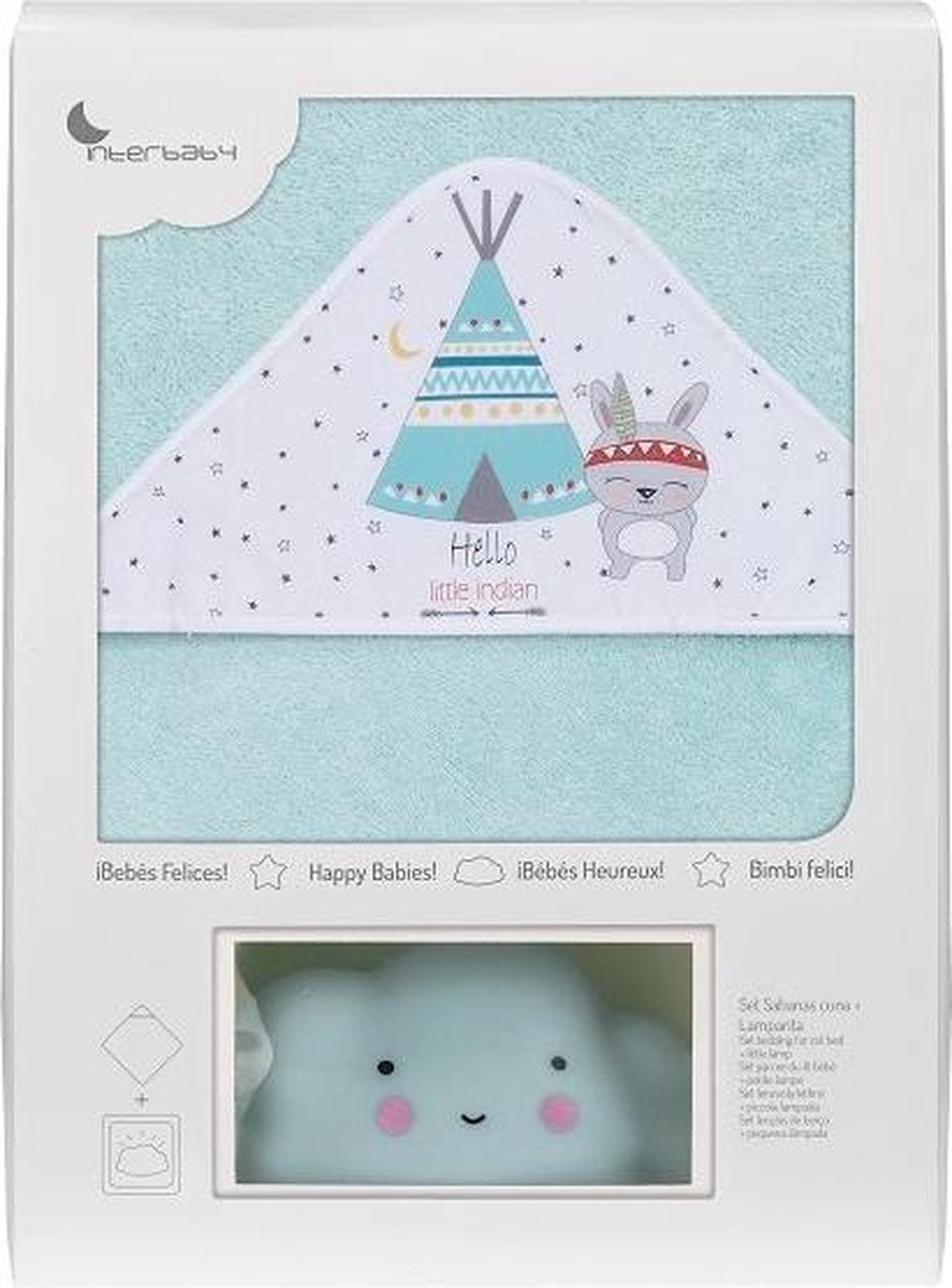 Interbaby Badcape En Nachtlamp 100 Cm Katoen Wit/groen 2-delig
