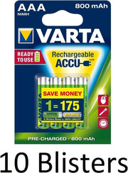 40 Stuks (10 Blisters a 4 st) Varta AAA Oplaadbare Batterijen - 800mAh