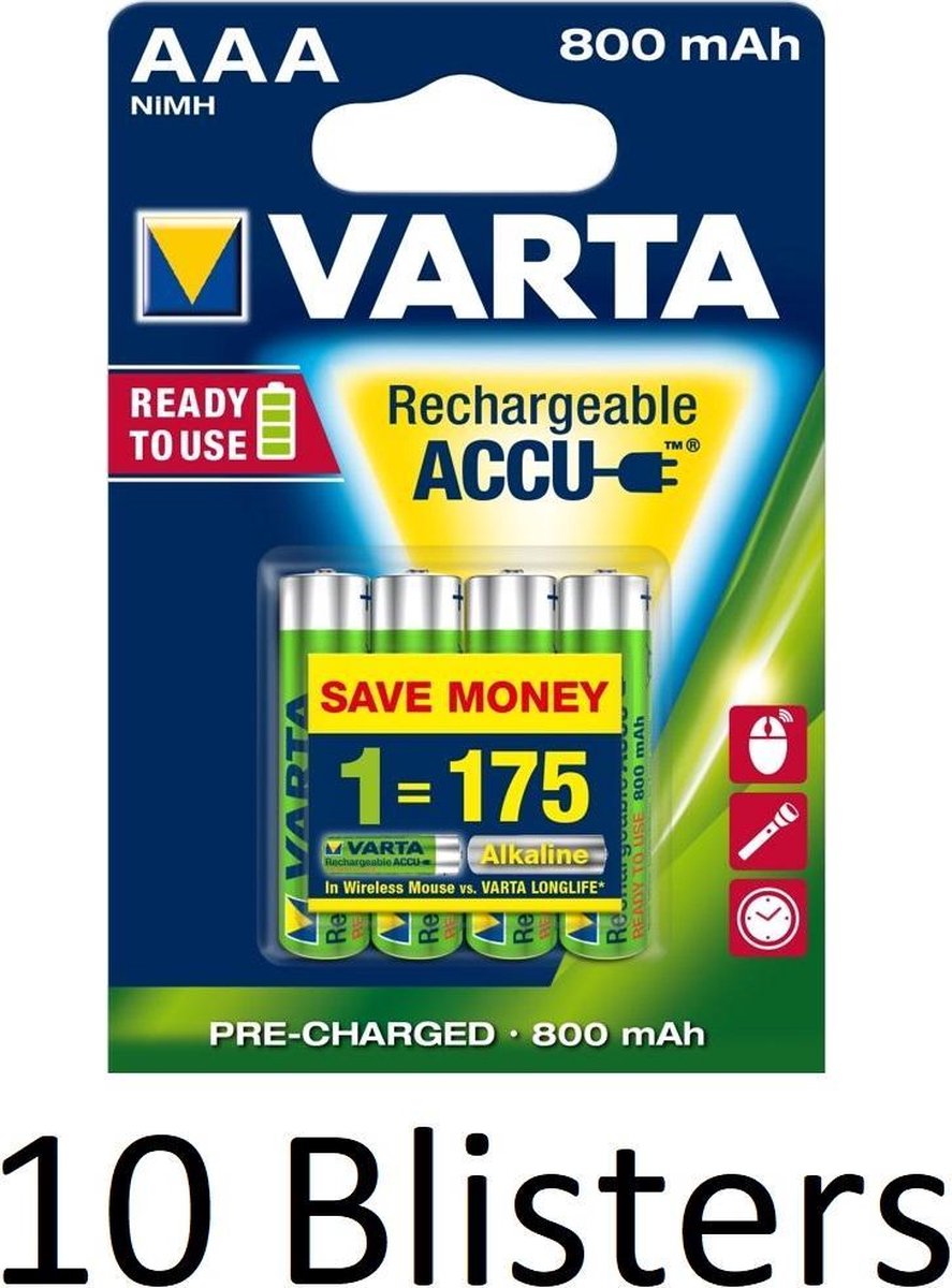 40 Stuks (10 Blisters a 4 st) Varta AAA Oplaadbare Batterijen - 800mAh