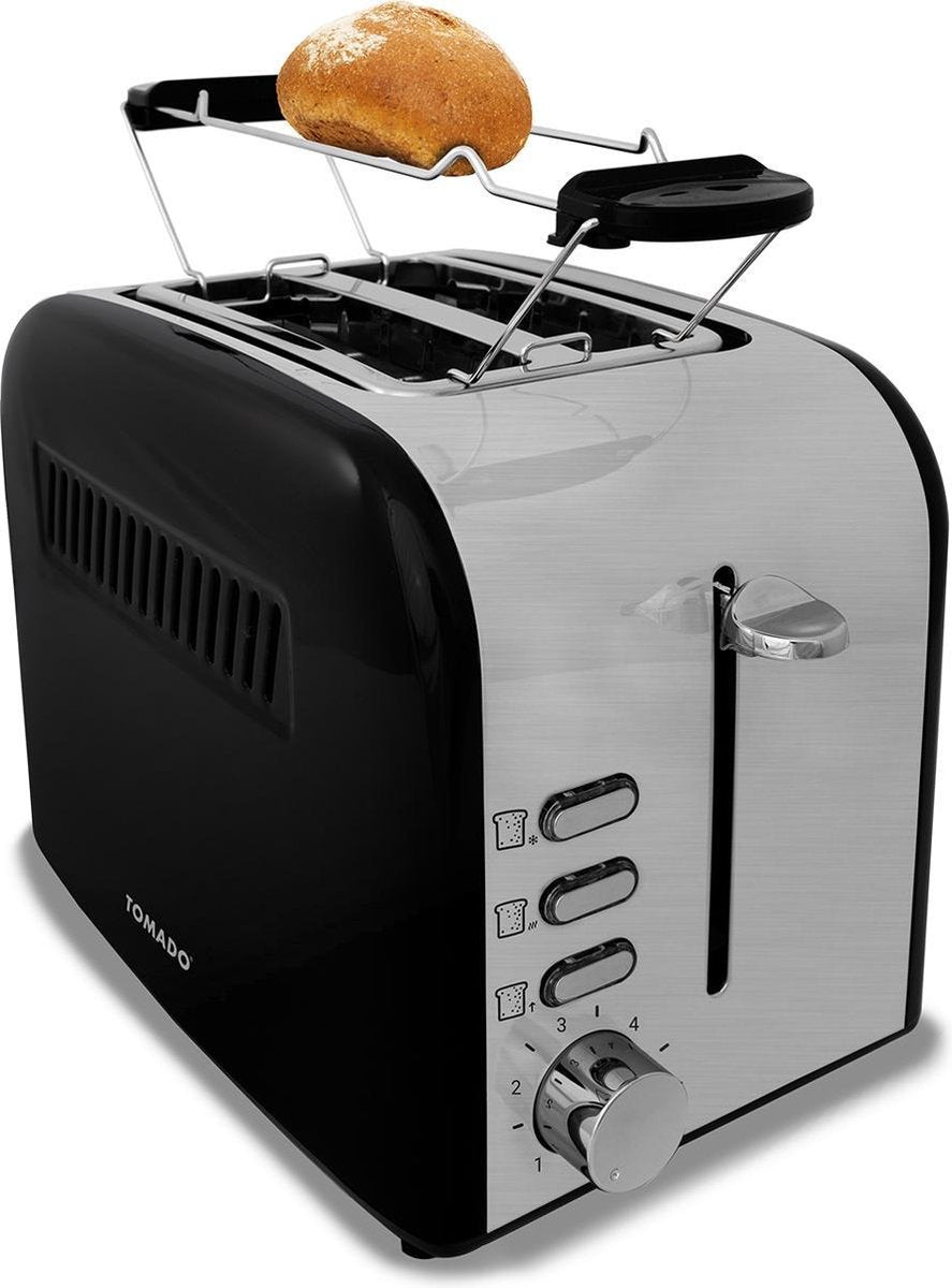 Tomado TBT2002S - Retro broodrooster - 6 standen - Broodjeswarmer - 2 extra brede sleuven - Zwart/RVS