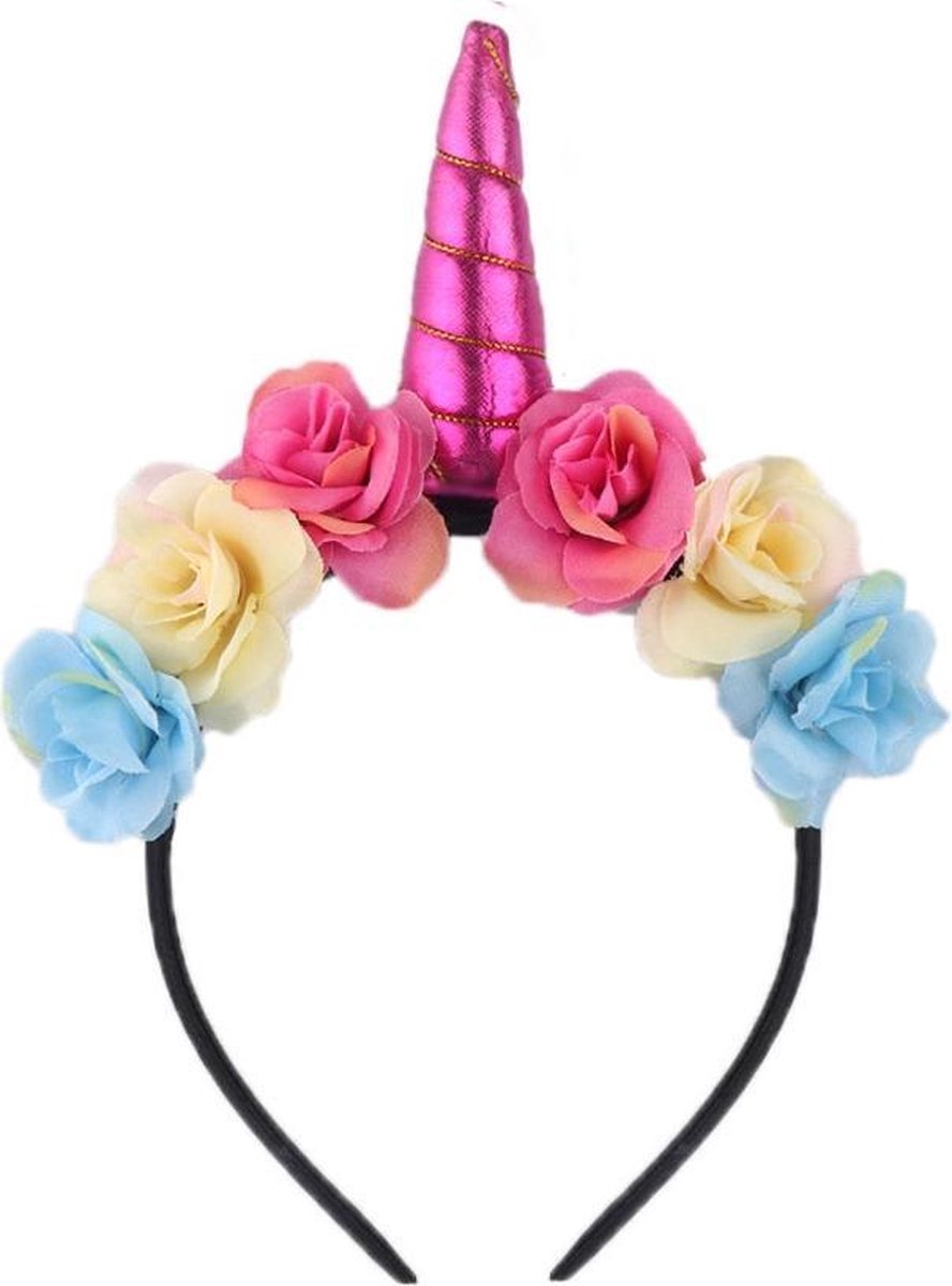 Bloemen eenhoorn haarband roze unicorn diadeem - pink hoorn haar lolita - bloemetjes festival