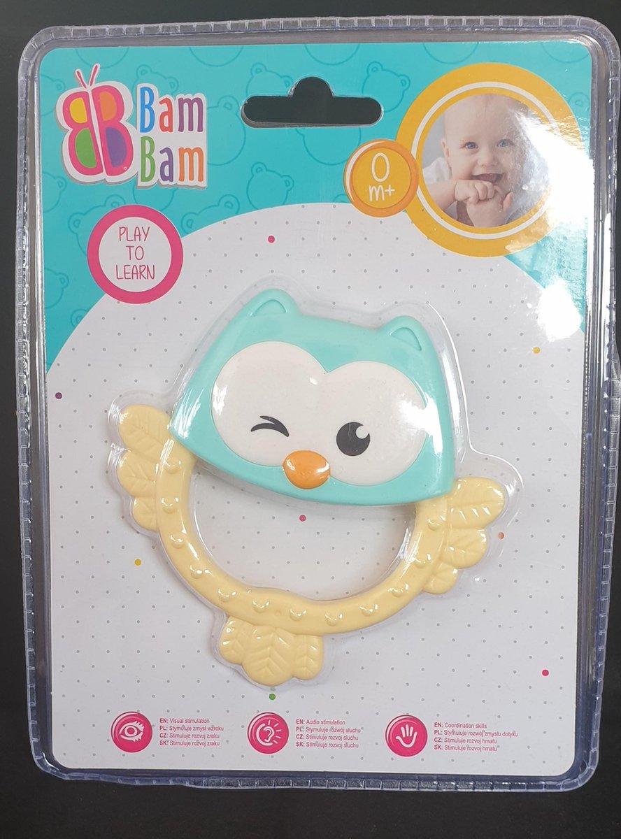 Bijtring Uil - Rammelaar - Voor Doorkomende Baby Tandjes - Bijt Speelgoed -  Kraamcadeau - Zwangerschap - Uil - Bijtring