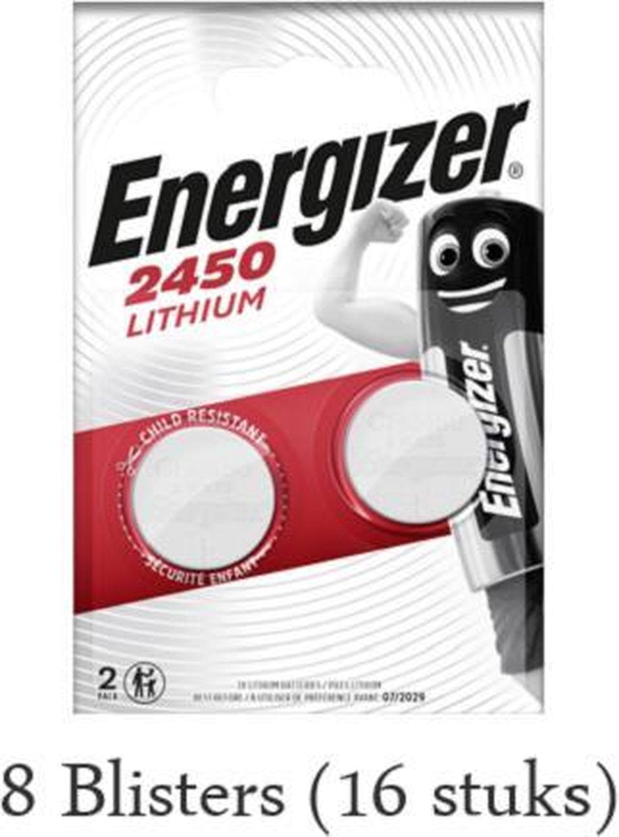 16 stuks (8 blisters a 2 stuks)  Energizer Lithium CR2450 Knoopcel 3V