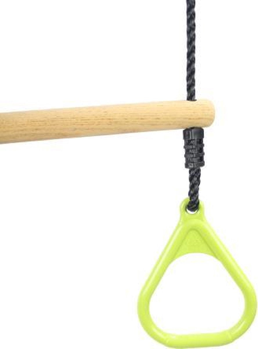 Houten trapeze met kunststof driehoeksringen Limoengroen en PP Touw Zwart