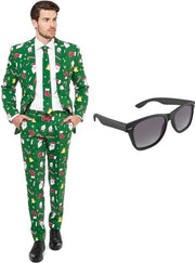 Kerst print heren kostuum / pak - maat 56 (XXXL) met gratis zonnebril