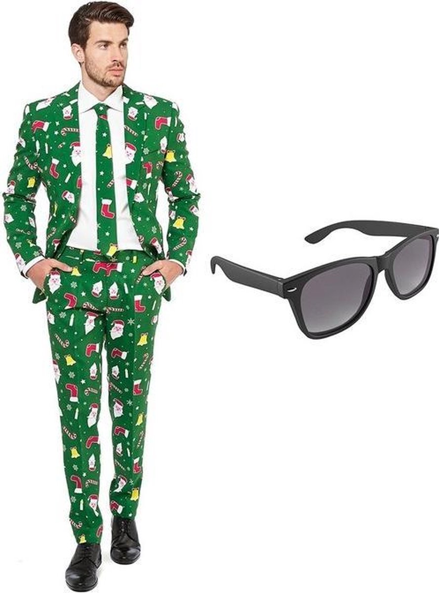 Kerst print heren kostuum / pak - maat 56 (XXXL) met gratis zonnebril