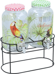 2x Glazen drank dispensers/limonadetaps tropisch met brede metalen standaard - 3 liter