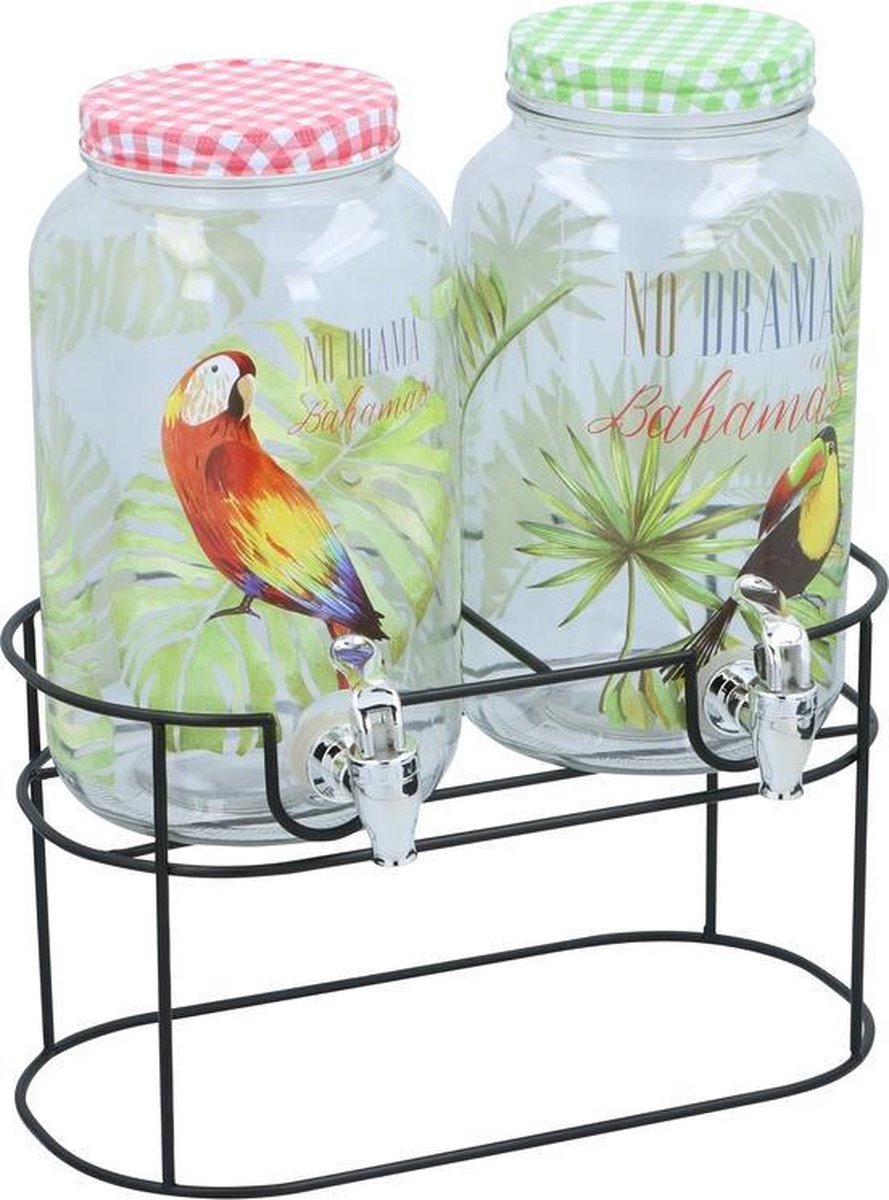 2x Glazen drank dispensers/limonadetaps tropisch met brede metalen standaard - 3 liter
