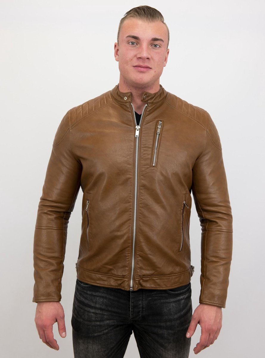 Enos Nep leren jas heren - Motor Jack - Bruin - Maten: XXL