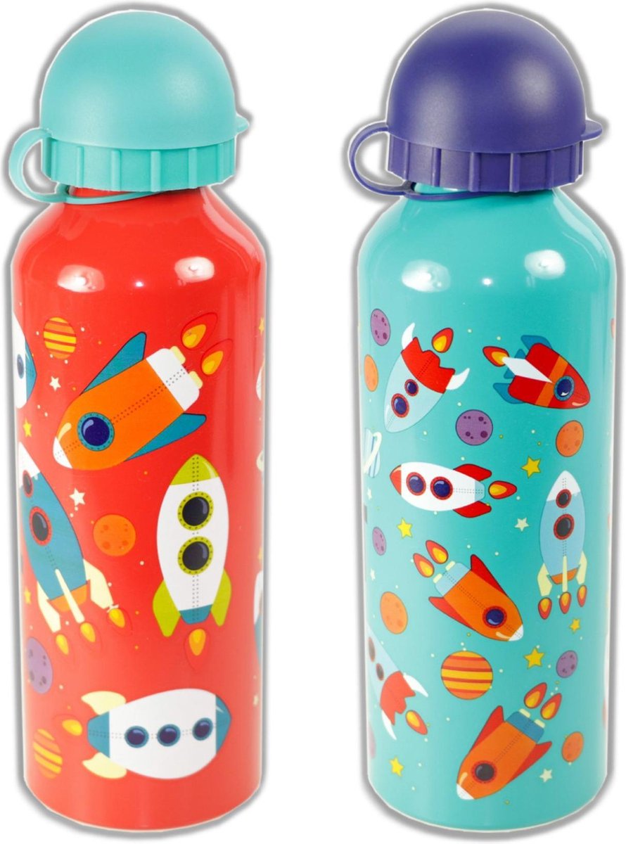 Drinkfles 2 stuks RAKET | drinkflessen Out of this Planet aluminium jongens | 500ml DB06