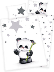 Ledikant baby dekbedovertrek wit met schattige pandabeer en sterren in grijs - zwart 100 x 135 cm KATOEN