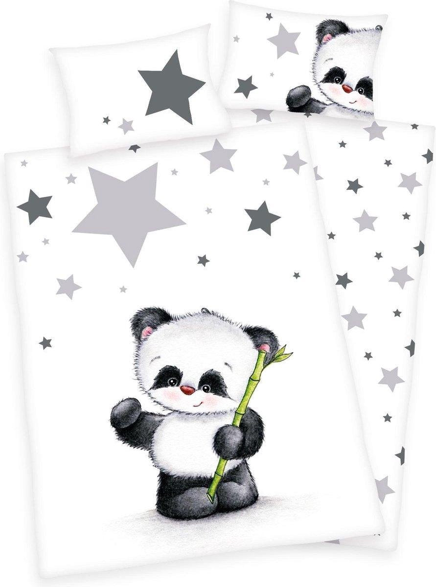 Ledikant baby dekbedovertrek wit met schattige pandabeer en sterren in grijs - zwart 100 x 135 cm KATOEN