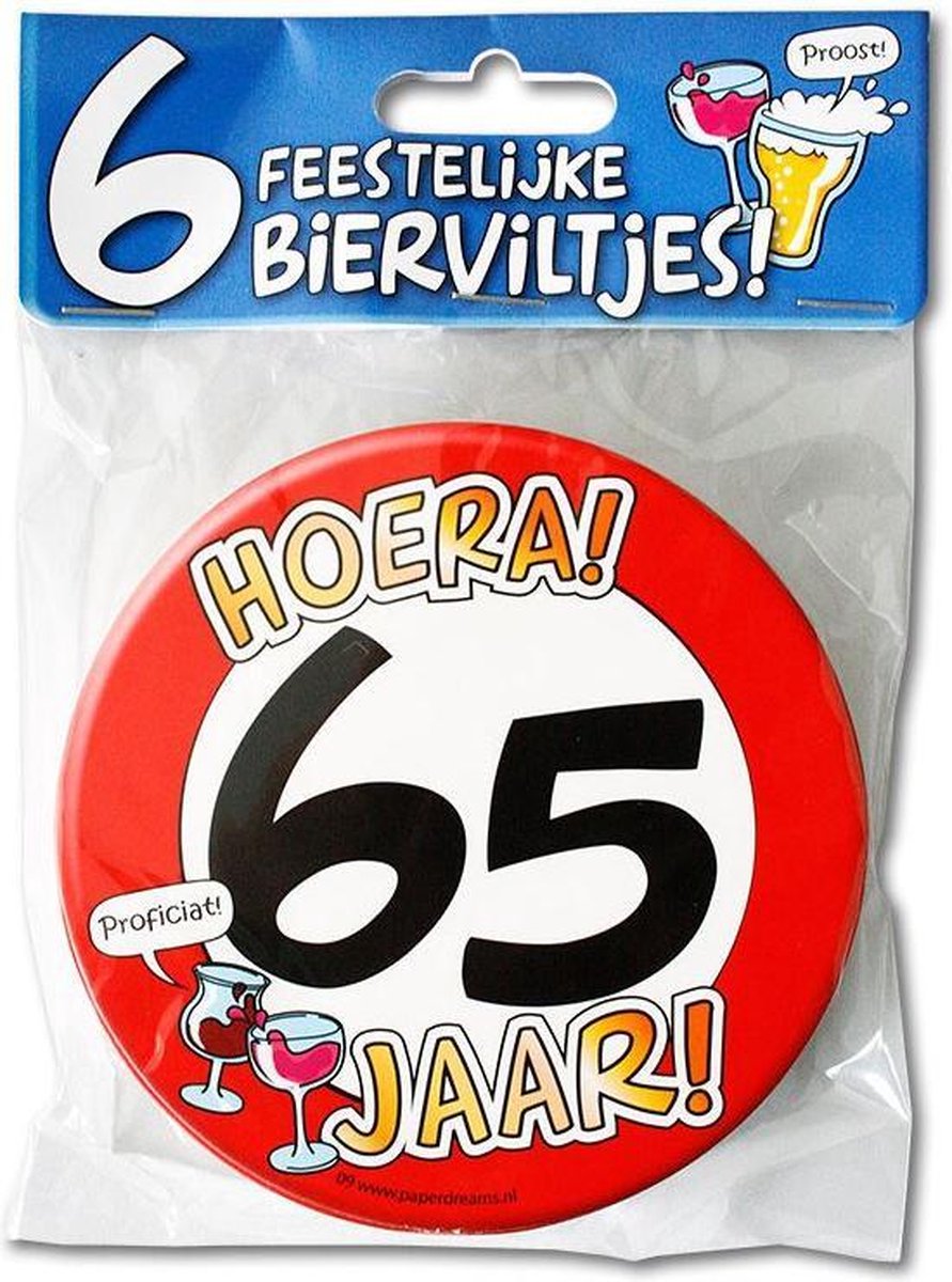 Bierviltjes hoera 65 jaar per 6 stuks
