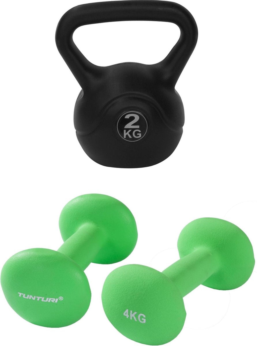 Tunturi - Fitness Set - Neopreen Dumbbellset 2 x 4 kg - Kettlebell 2 kg