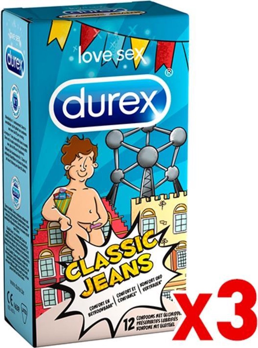 Durex Condooms Classic Jeans Belgische stijl - Condooms met extra glijmiddel - 3x 12 stuks Valuepack