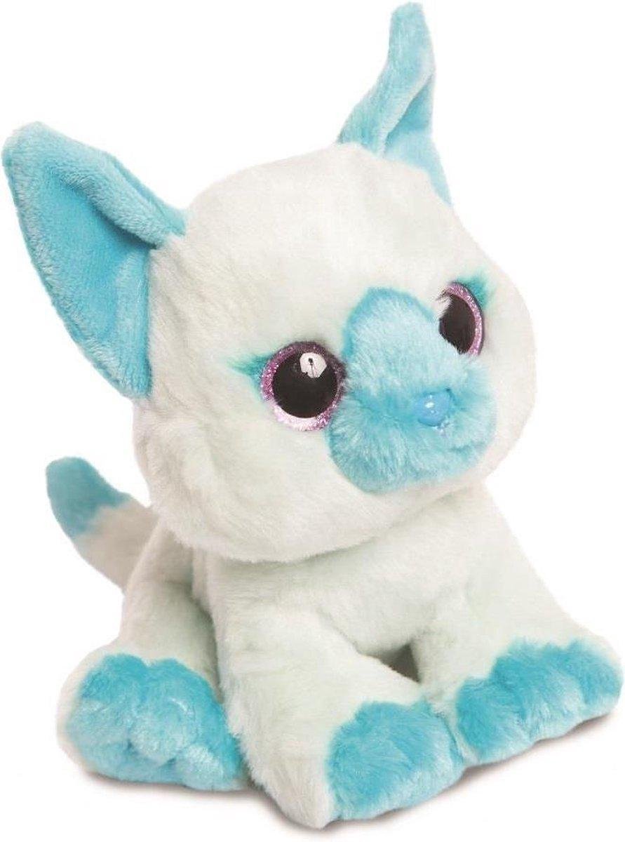 Aurora Pluche knuffel dier kat 18 cm wit / blauw - glitter oog