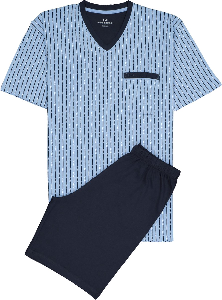 Gotzburg heren shortama - V-hals - lichtblauw met blauw en wit dessin -  Maat: 3XL
