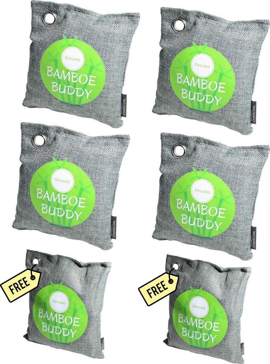 DecoRD Geurvreter Bamboe 4x500g + 2x200g Gratis - 100% Natuurlijke Luchtverfrisser - Luchtontvochtiger/Vochtvreter Voor Auto/Woonkamer/Schoenen/Zweetvoeten - 2 Jaar Houdbaar - Zon Oplaadbaar - Geschikt voor 120m2