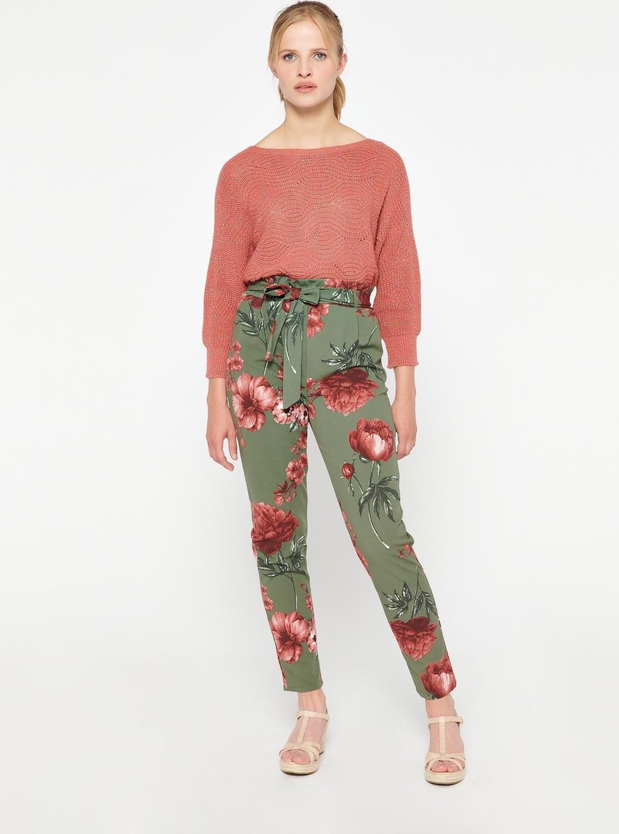 Pantalon met bloemen en ceintuur - Khaki