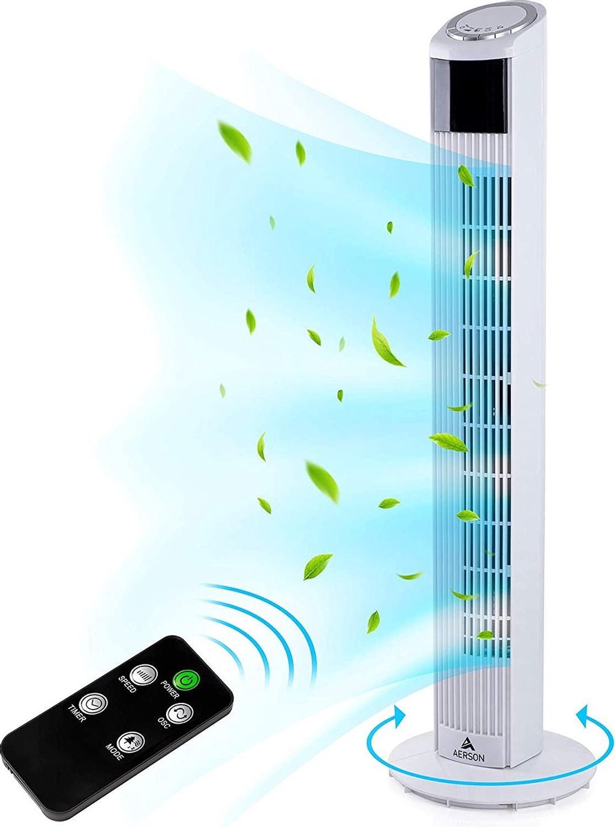 Tresko- Torenventilator wit- oscillerend- 76 cm- 3 snelheden- timerfunctie - met afstandsbediening