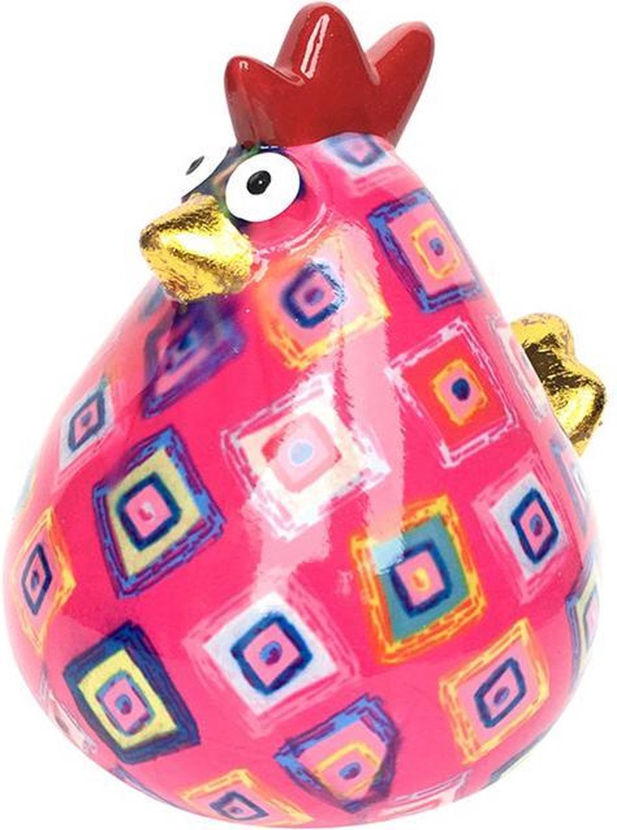 Pomme-pidou spaarpot kip "Matilda" M roze met ruitjes