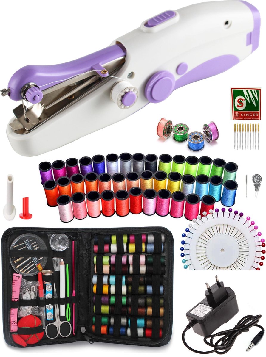 Deluxe Stitcher Pro -- PREMIUM Handnaaimachine met Adapter + 141 Delige Starterskit -- Incl 11 reserve naalden - Draagbare Reis Hand Naaimachine - Incl. 44 spoelen met garen - Draadloos