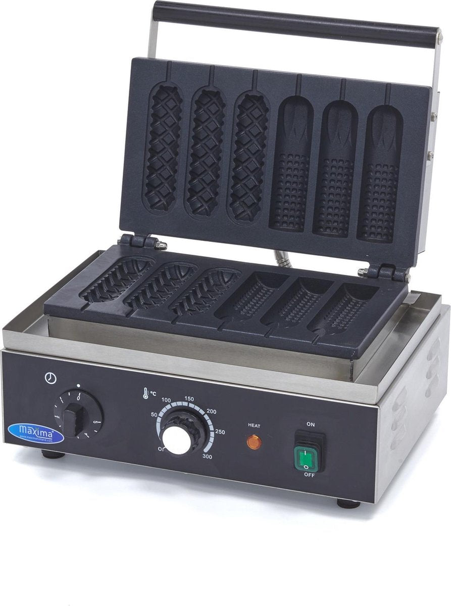Wafelijzer Worstenbroodjes op Stok - 3 Corn Dog + 3 Hot Dog - RVS - Instelbare Temperatuur - met Lekbak - Professionele Hot Dog Apparaat- Maxima